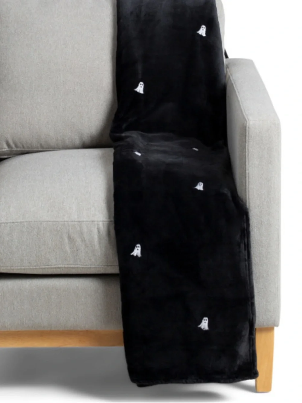 Nicole Miller Black Plush Throw Blanket with Small Ghost Embroidery